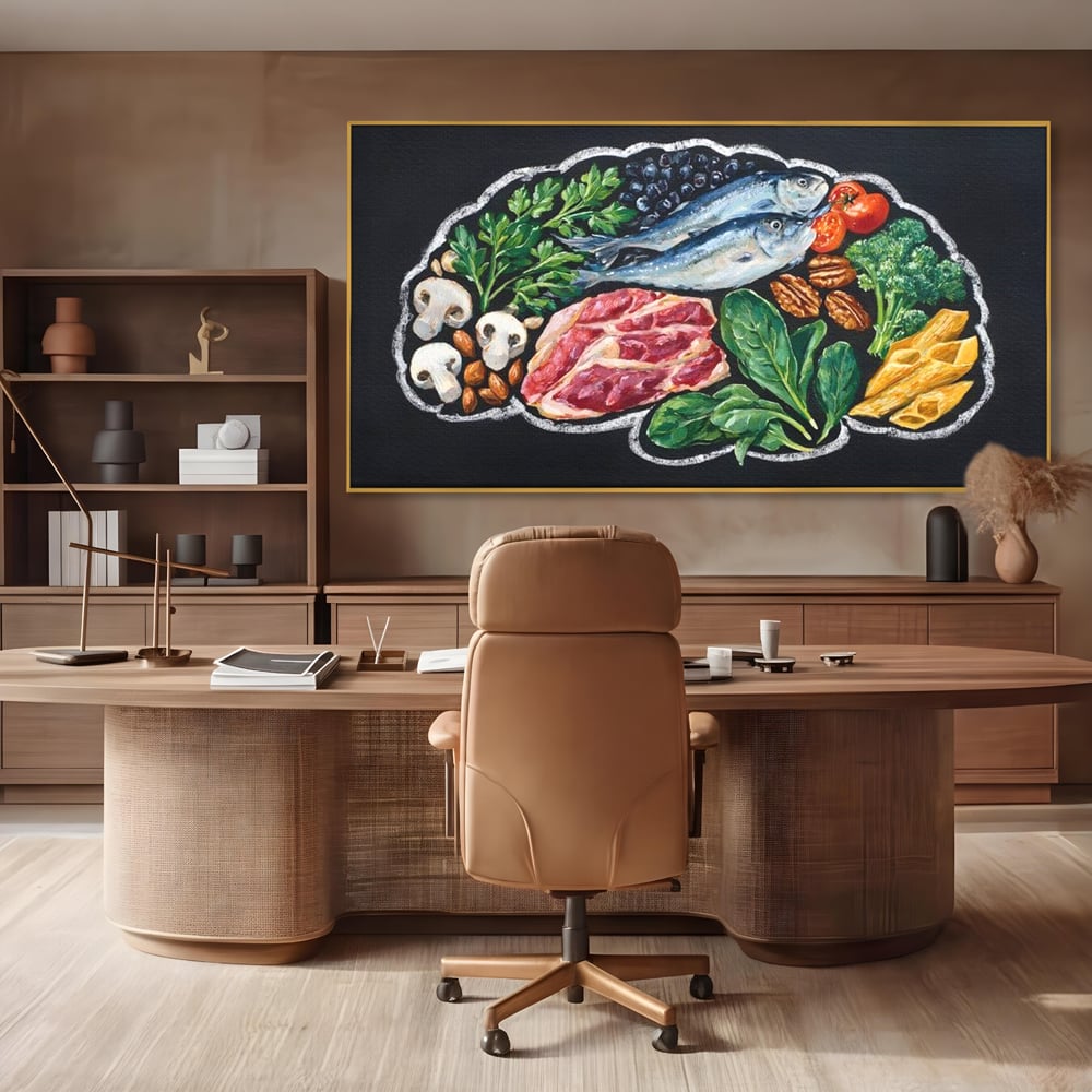 Tablou canvas cu pictura cu alimente variate pe fundal negru, in rama de aluminiu auriu, pe perete intr-un birou